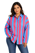 Women's Pink and Sky Blue Striped Shirt, Oversized Button Down Collared Top, Long Sleeve Casual Fashion Blouse, Vertical Stripe Relaxed Fit Shirt for Women, Trendy, Travel Top