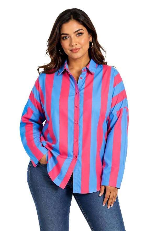 Women's Pink and Sky Blue Striped Shirt, Oversized Button Down Collared Top, Long Sleeve Casual Fashion Blouse, Vertical Stripe Relaxed Fit Shirt for Women, Trendy, Travel Top