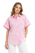 Women's Pink Embellished Shirt | Casual Button Down Collared Top for Women | Relaxed Fit Short Sleeve Fashion Blouse | Pearl Embroidery Office Wear Shirt | Smart Casual Summer