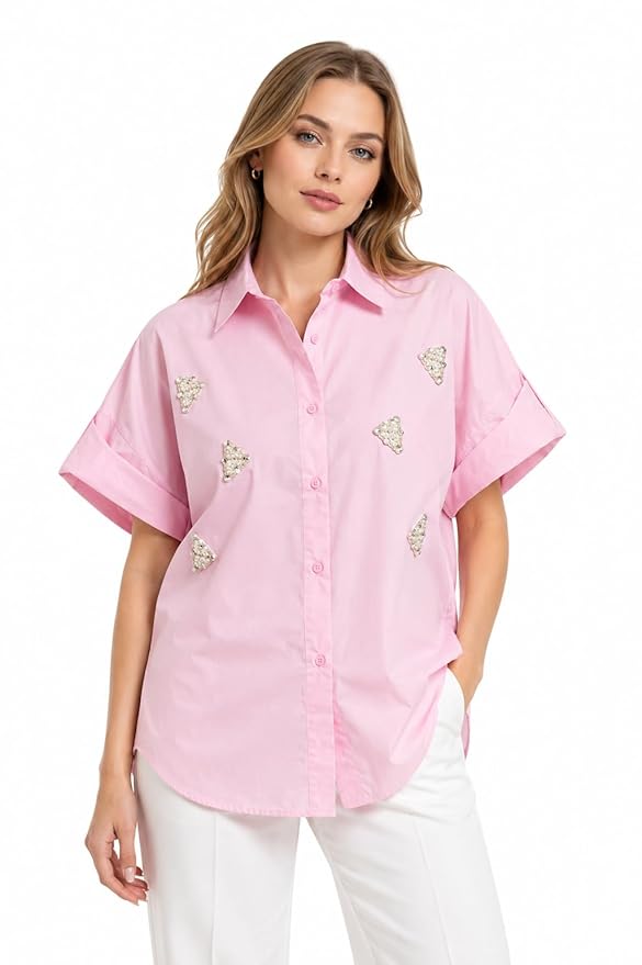 Women's Pink Embellished Shirt | Casual Button Down Collared Top for Women | Relaxed Fit Short Sleeve Fashion Blouse | Pearl Embroidery Office Wear Shirt | Smart Casual Summer