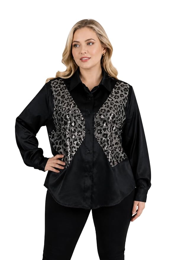 Mad Love Women's Black Satin Sequin Embellished Shirt, Leopard Pattern Top, Full Sleeve Button Down Blouse, Designer Glam Casual Luxury Statement Top