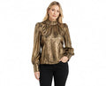 Mad Love Women’s Premium Silver Metallic Shimmer Top with Elegant Puff Sleeves, Stylish High Neck Design, Long Sleeve Designer Blouse for Evening, Party & Special Occasion