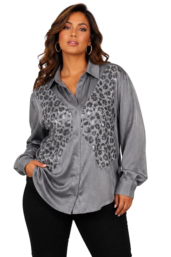 Mad Love Women's Gray Bloue Satin Sequin Embellished Shirt, Leopard Pattern Top, Full Sleeve Button Down Blouse, Designer Glam Casual Luxury Statement Top