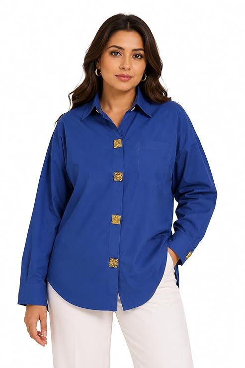 Women's Royal Blue Shirt for Women, Long Sleeve Button Down Collared Top, Casual Formal Office Wear Blouse, Stylish Oversized Work Shirt, Smart Casual Fashion Top, Travel & Parties