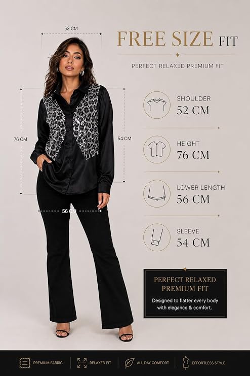 Mad Love Women's Black Satin Sequin Embellished Shirt, Leopard Pattern Top, Full Sleeve Button Down Blouse, Designer Glam Casual Luxury Statement Top