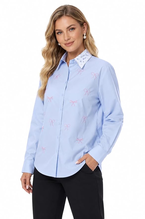 Women's Light Blue Embroidered Bow Shirt with Lace Collar | Long Sleeve Button Down Cotton Blend Casual Office Wear Fashion Top for Women | Elegant Formal & Smart Casual Shirt
