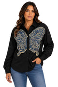 Women's Black Butterfly Applique Shirt, Embellished Denim Patch Button Down Top, Long Sleeve Designer Fashion Shirt for Women, Statement Blouse, Trendy Collared Top