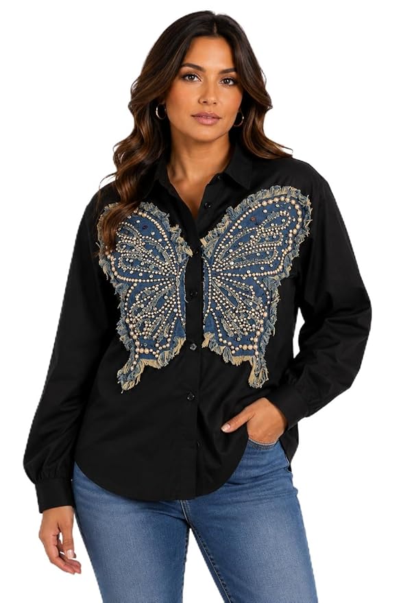 Women's Black Butterfly Applique Shirt, Embellished Denim Patch Button Down Top, Long Sleeve Designer Fashion Shirt for Women, Statement Blouse, Trendy Collared Top
