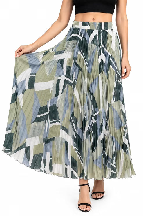 Women’s Printed Pleated Maxi Skirt | Flared A-Line Long Skirt with Elastic Stretchable Waist | Lightweight Flowing Skirt for Casual, Party, Travel, Beach & Everyday Wear Green Blue