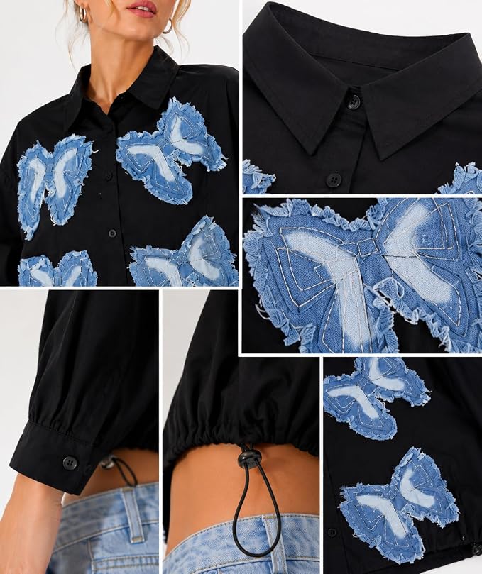 Butterfly Denim Patch Crop Shirt