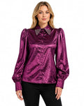 Women Black Premium Satin Shirt with Rhinestone Embellished Collar, Stylish Puff Sleeve Top, Luxury Designer Blouse, Shirt for Evening Occasion (Purple)