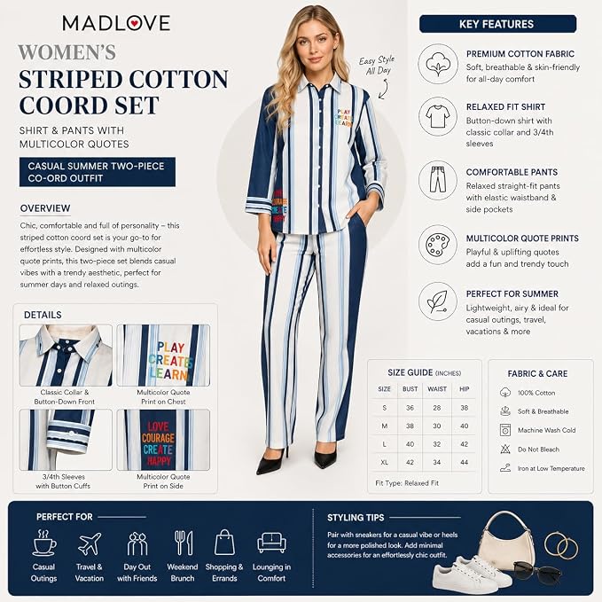 Mad Love Women’s Cotton Striped Coord Set | Full Sleeve Shirt & Pant with Embroidery & Quote Print | Casual Summer Co-ord Outfit