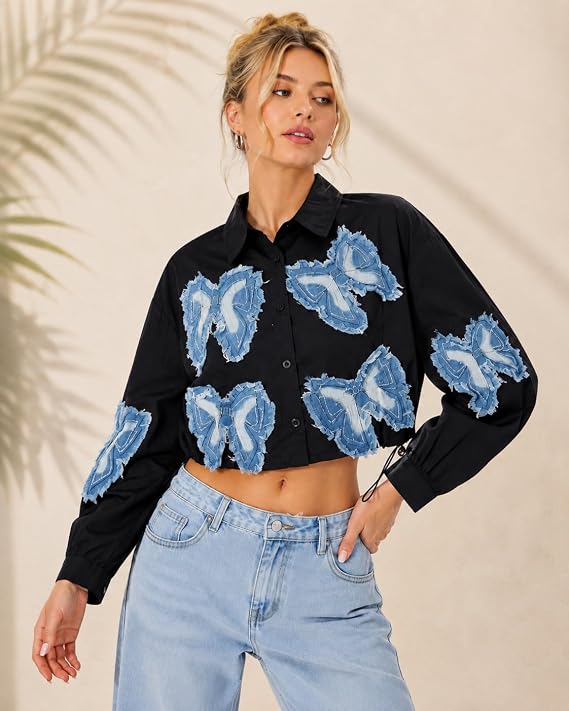 Butterfly Denim Patch Crop Shirt