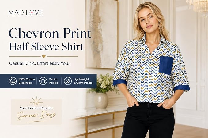 Mad Love Women’s Chevron Print Half Sleeve Shirt with Denim Pocket | Casual Summer Cotton Button-Down Shirt