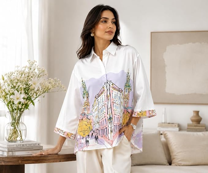 Mad Love Women’s Oversized Cityscape Shirt | Artistic Printed Cotton Shirt for Casual Wear | 3/4th Sleeve Relaxed Fit