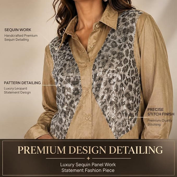 Mad Love Women's Brown Satin Sequin Embellished Shirt, Leopard Pattern Top, Full Sleeve Button Down Blouse, Designer Glam Casual Luxury Statement Top