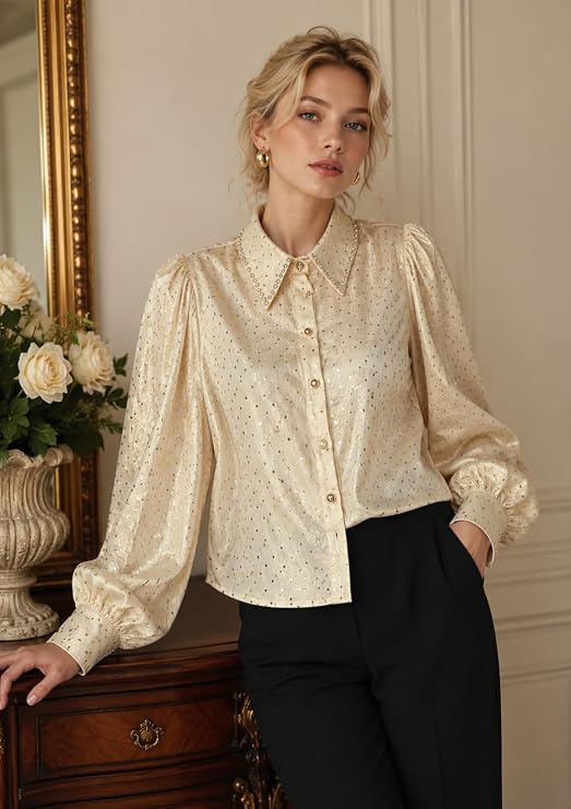 Women Shirt (Cream) | Premium Shimmer Satin Top for Women | Stylish Puff Sleeve Shirt | Elegant Designer Fashion Top for Party, Special Occasion