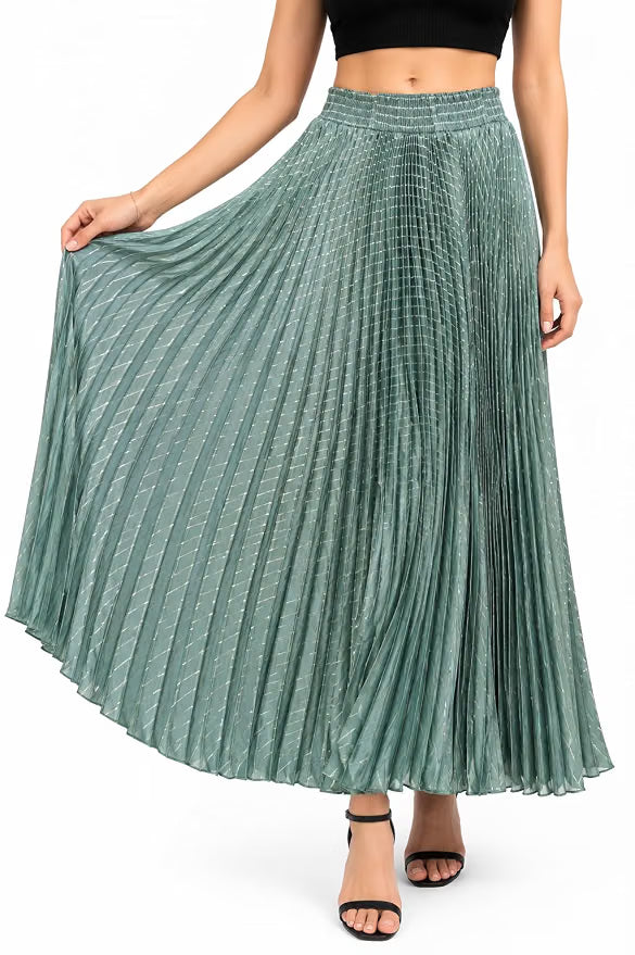 Women’s Sage Green Pleated Maxi Skirt | Flared A-Line Long Skirt with Smocked Elastic Waist & Subtle Textured Design | Flowing Casual, Party, Travel, Office & Everyday Wear