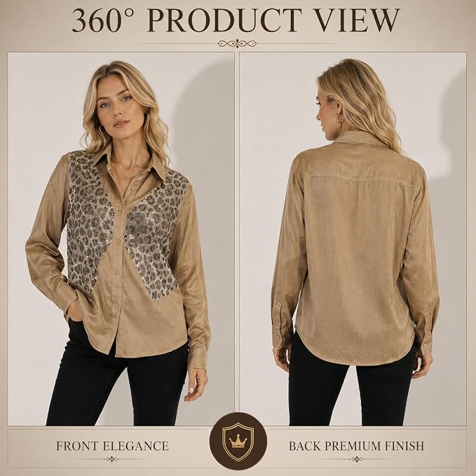 Mad Love Women's Brown Satin Sequin Embellished Shirt, Leopard Pattern Top, Full Sleeve Button Down Blouse, Designer Glam Casual Luxury Statement Top
