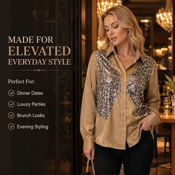 Mad Love Women's Brown Satin Sequin Embellished Shirt, Leopard Pattern Top, Full Sleeve Button Down Blouse, Designer Glam Casual Luxury Statement Top