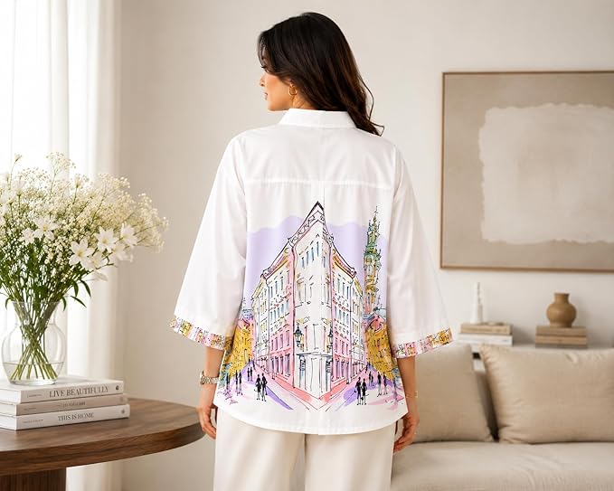 Mad Love Women’s Oversized Cityscape Shirt | Artistic Printed Cotton Shirt for Casual Wear | 3/4th Sleeve Relaxed Fit