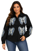 Women's Black Bow Applique Shirt, Denim Patch Work Button Down Top, Long Sleeve Casual Fashion Shirt for Women, Designer Collared Blouse, Trendy Statement Top, Oversized Fashion Shirt
