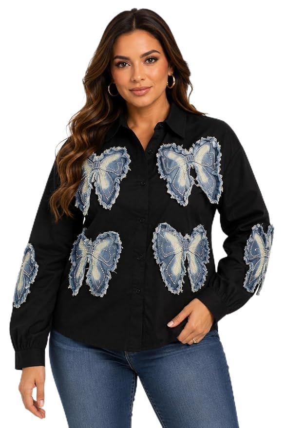 Women's Black Bow Applique Shirt, Denim Patch Work Button Down Top, Long Sleeve Casual Fashion Shirt for Women, Designer Collared Blouse, Trendy Statement Top, Oversized Fashion Shirt