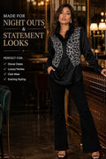 Mad Love Women's Black Satin Sequin Embellished Shirt, Leopard Pattern Top, Full Sleeve Button Down Blouse, Designer Glam Casual Luxury Statement Top