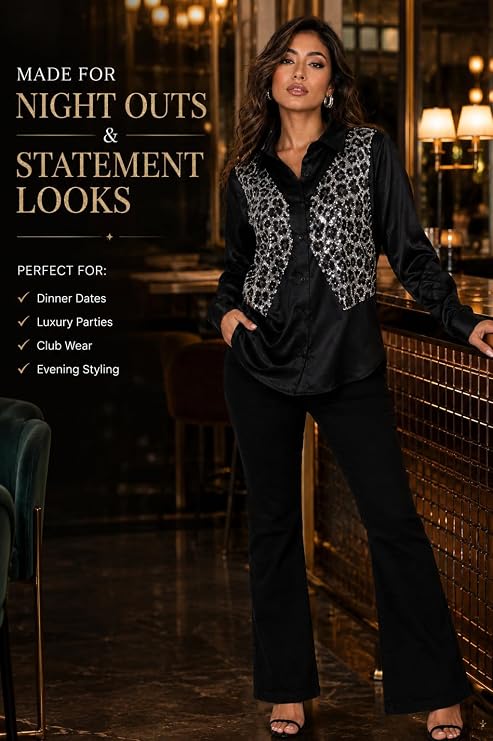 Mad Love Women's Black Satin Sequin Embellished Shirt, Leopard Pattern Top, Full Sleeve Button Down Blouse, Designer Glam Casual Luxury Statement Top