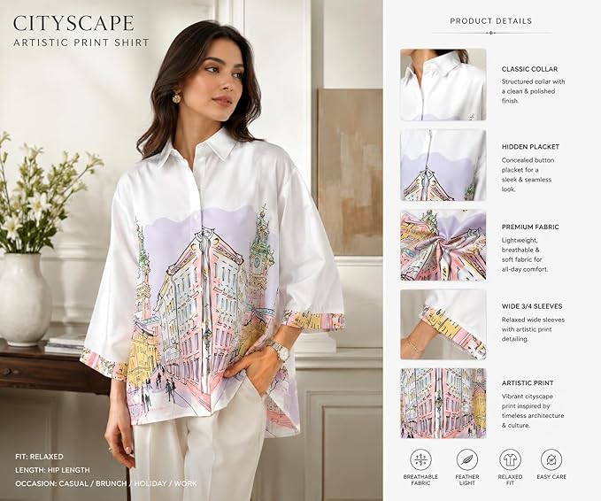 Mad Love Women’s Oversized Cityscape Shirt | Artistic Printed Cotton Shirt for Casual Wear | 3/4th Sleeve Relaxed Fit