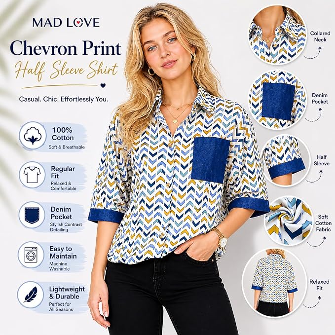 Mad Love Women’s Chevron Print Half Sleeve Shirt with Denim Pocket | Casual Summer Cotton Button-Down Shirt