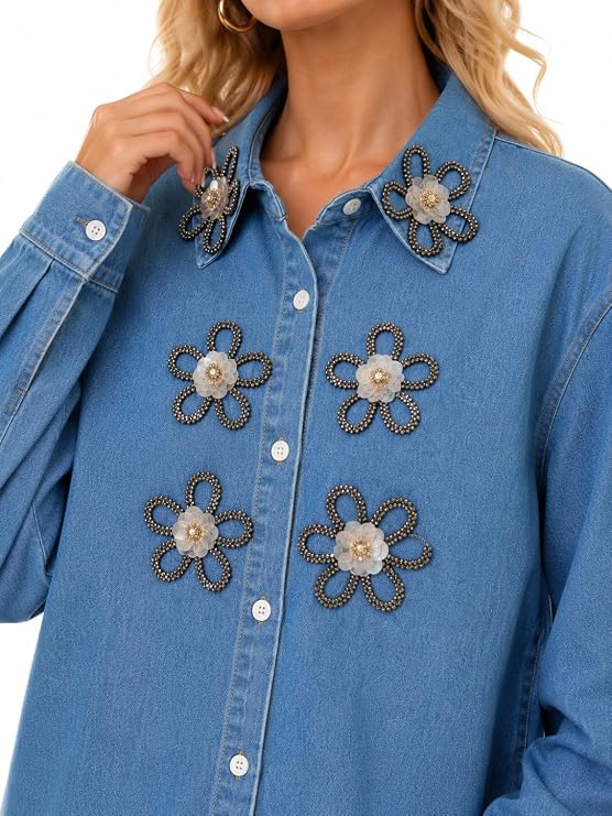 Mad Love Embellished Denim Shirt - front full view