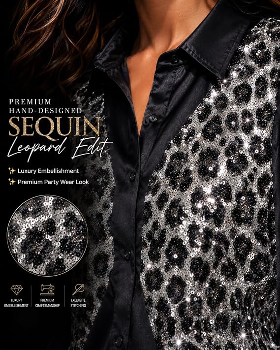 Mad Love Women's Black Satin Sequin Embellished Shirt, Leopard Pattern Top, Full Sleeve Button Down Blouse, Designer Glam Casual Luxury Statement Top