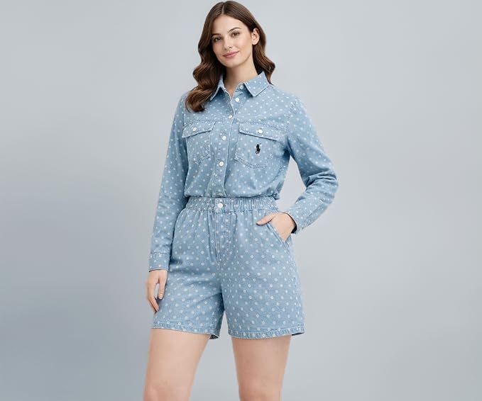 Mad Love Women’s Printed Denim Co-Ord Set | Stylish Jacket & Wide-Leg Pants Two Piece Outfit | Casual Western Travel Coord Set for Women (Light Blue Co-ord set)