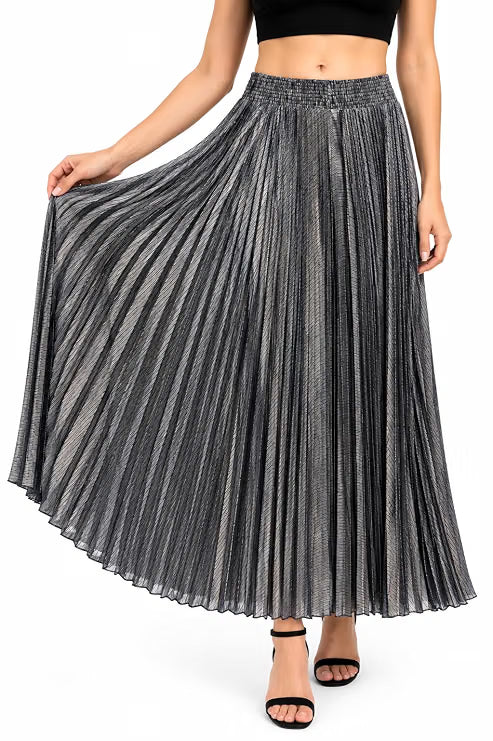 Women’s Black Pleated Maxi Skirt | Flared A-Line Long Skirt with Smocked Elastic Waist | Solid Flowing Skirt for Casual, Party, Travel, Office & Everyday Wear