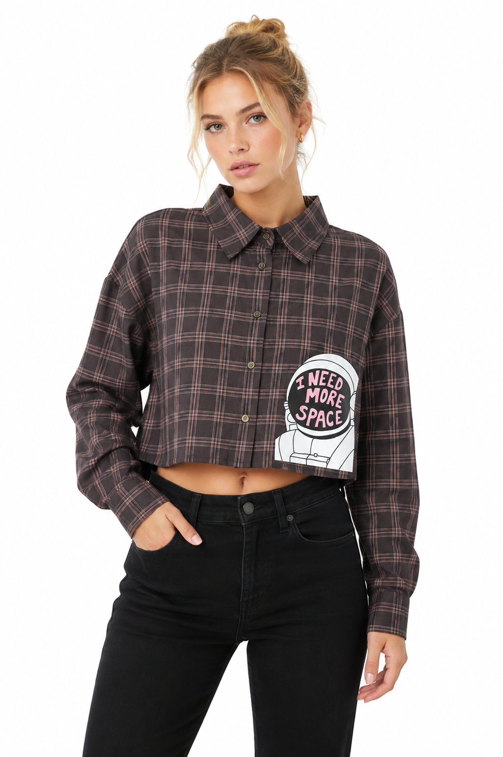 Mad Love Women’s Cropped Shirt | Stylish Grey Plaid Checkered Button Down Shirt with Long Sleeves, Collared Neck, Front Buttons & “I Need More Space” Graphic Print | Trendy Casual Crop Top for Women