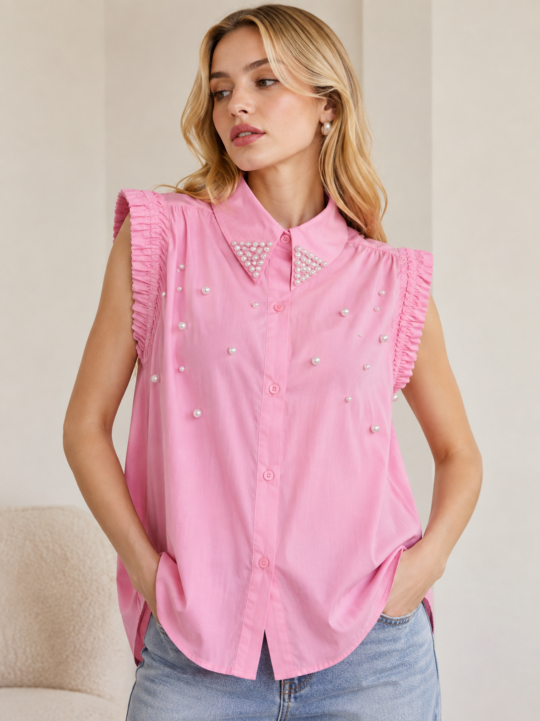 Pink Pearl Embellished Ruffle Shirt