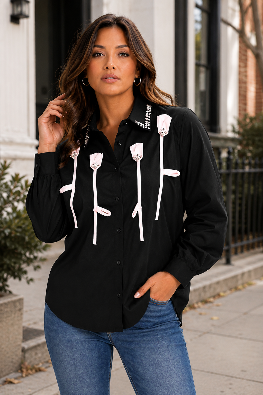 Women's Black Designer Shirt with Ribbon Applique, Long Sleeve Button Down Fashion Top, Embellished Collared Blouse, Casual Shirt for Women, Trendy Statement Top