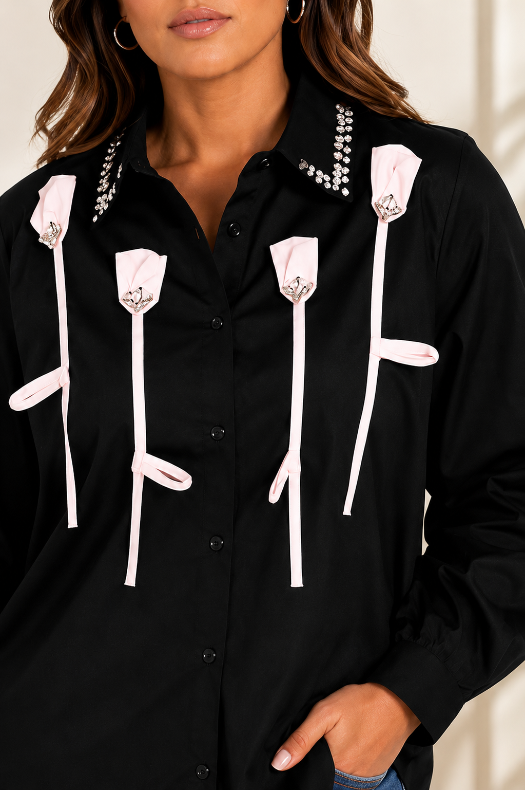 Women's Black Designer Shirt with Ribbon Applique, Long Sleeve Button Down Fashion Top, Embellished Collared Blouse, Casual Shirt for Women, Trendy Statement Top