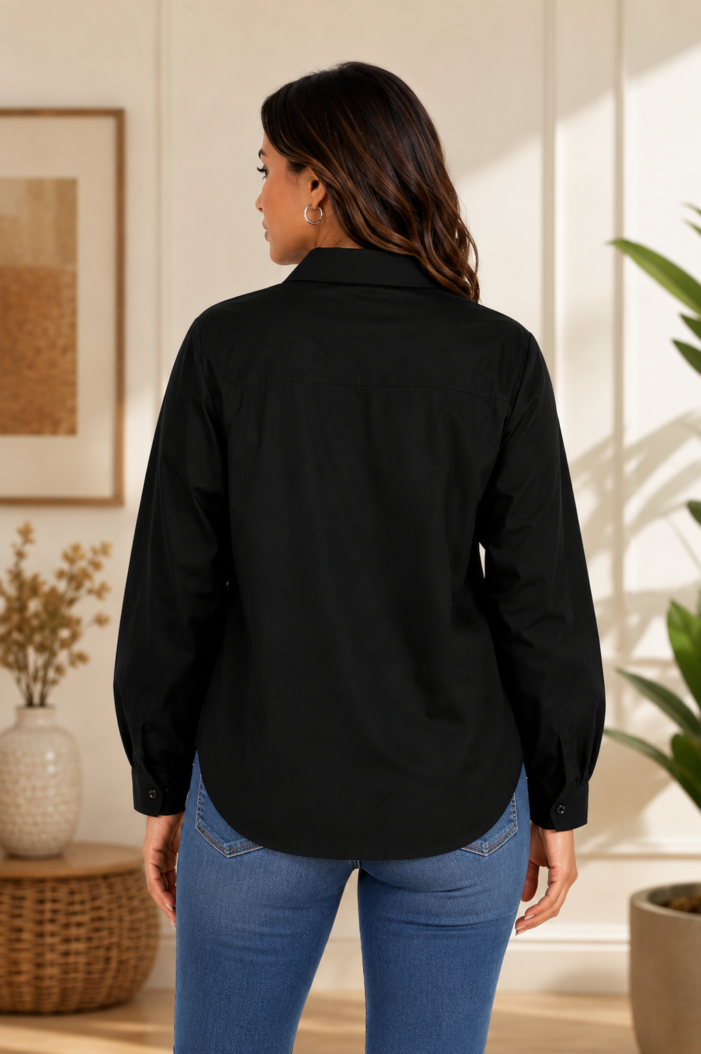 Women's Black Designer Shirt with Ribbon Applique, Long Sleeve Button Down Fashion Top, Embellished Collared Blouse, Casual Shirt for Women, Trendy Statement Top