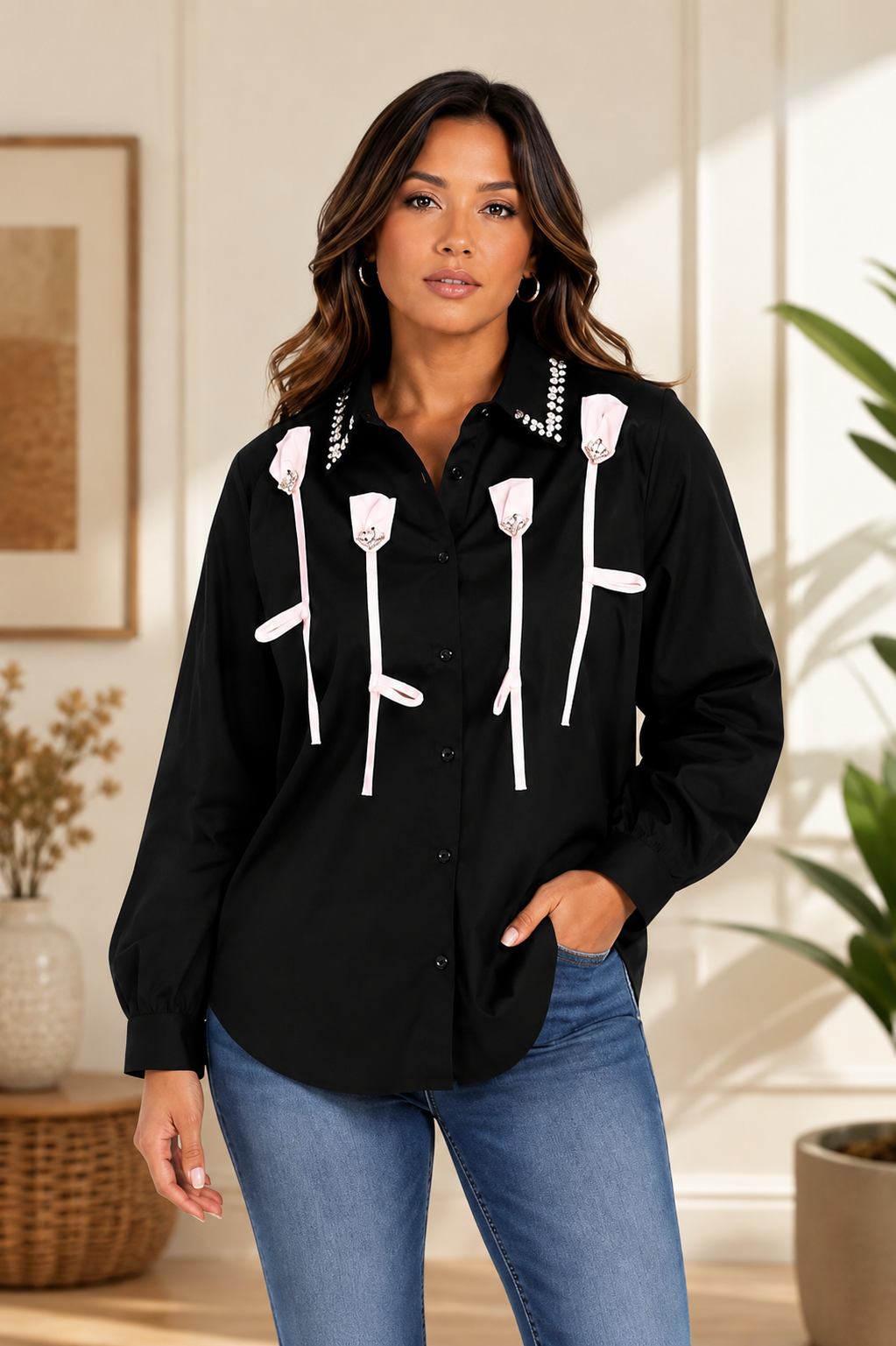 Women's Black Designer Shirt with Ribbon Applique, Long Sleeve Button Down Fashion Top, Embellished Collared Blouse, Casual Shirt for Women, Trendy Statement Top