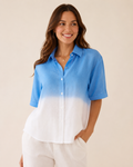 Mad Love Women’s Blue & White Ombre Cotton Linen Shirt | Casual Loose Fit Button Down Collared Half Sleeve Summer Top | Stylish Korean Fashion Oversized Western Wear Shirt for Women