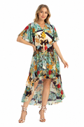 Mad Love Women’s Floral Printed High Low Midi Dress | V Neck Flutter Sleeve Casual Party Dress for Women | Elegant Summer Western Dress with Waist Tie (Multicolor)