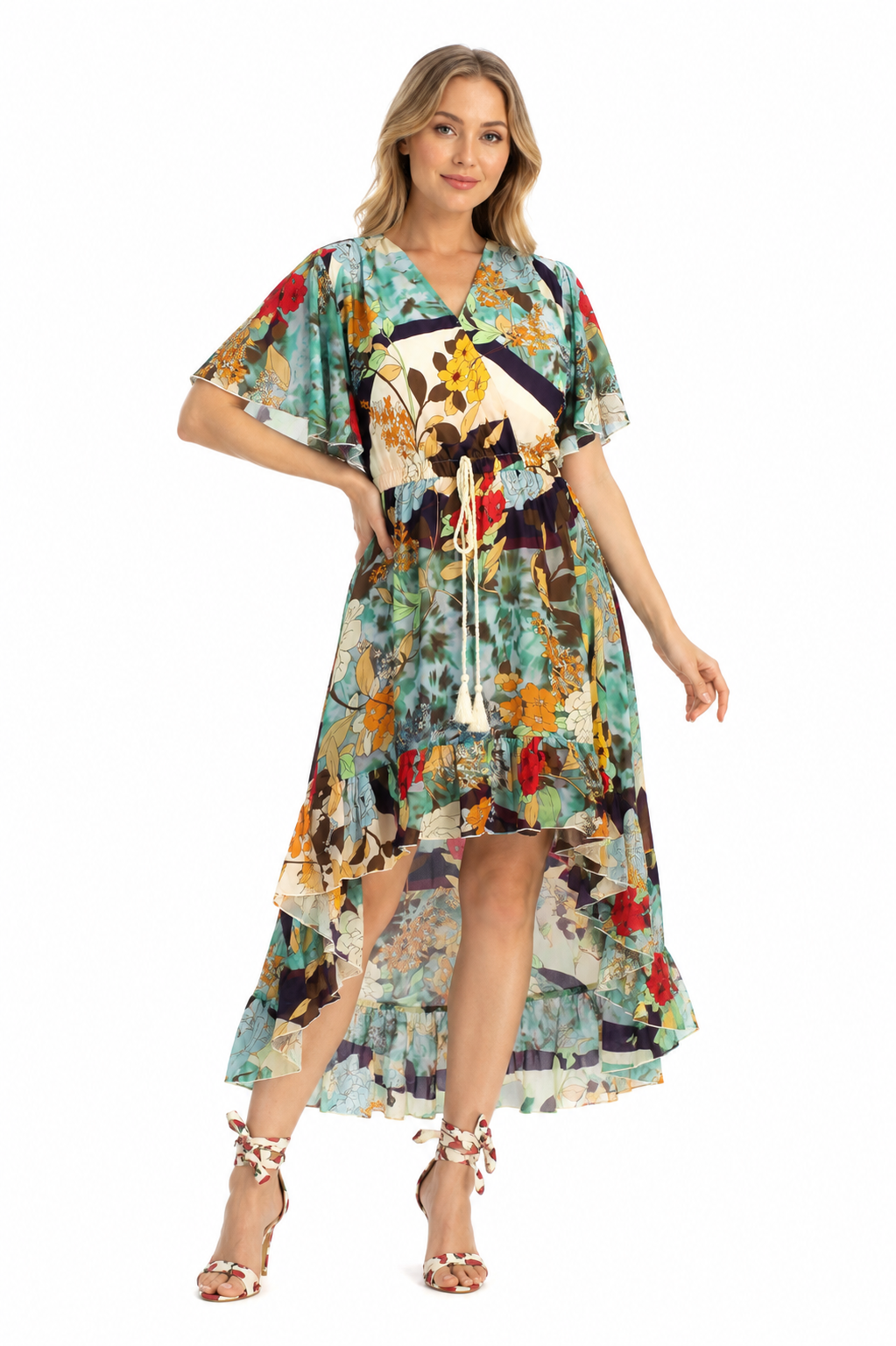 Mad Love Women’s Floral Printed High Low Midi Dress | V Neck Flutter Sleeve Casual Party Dress for Women | Elegant Summer Western Dress with Waist Tie (Multicolor)