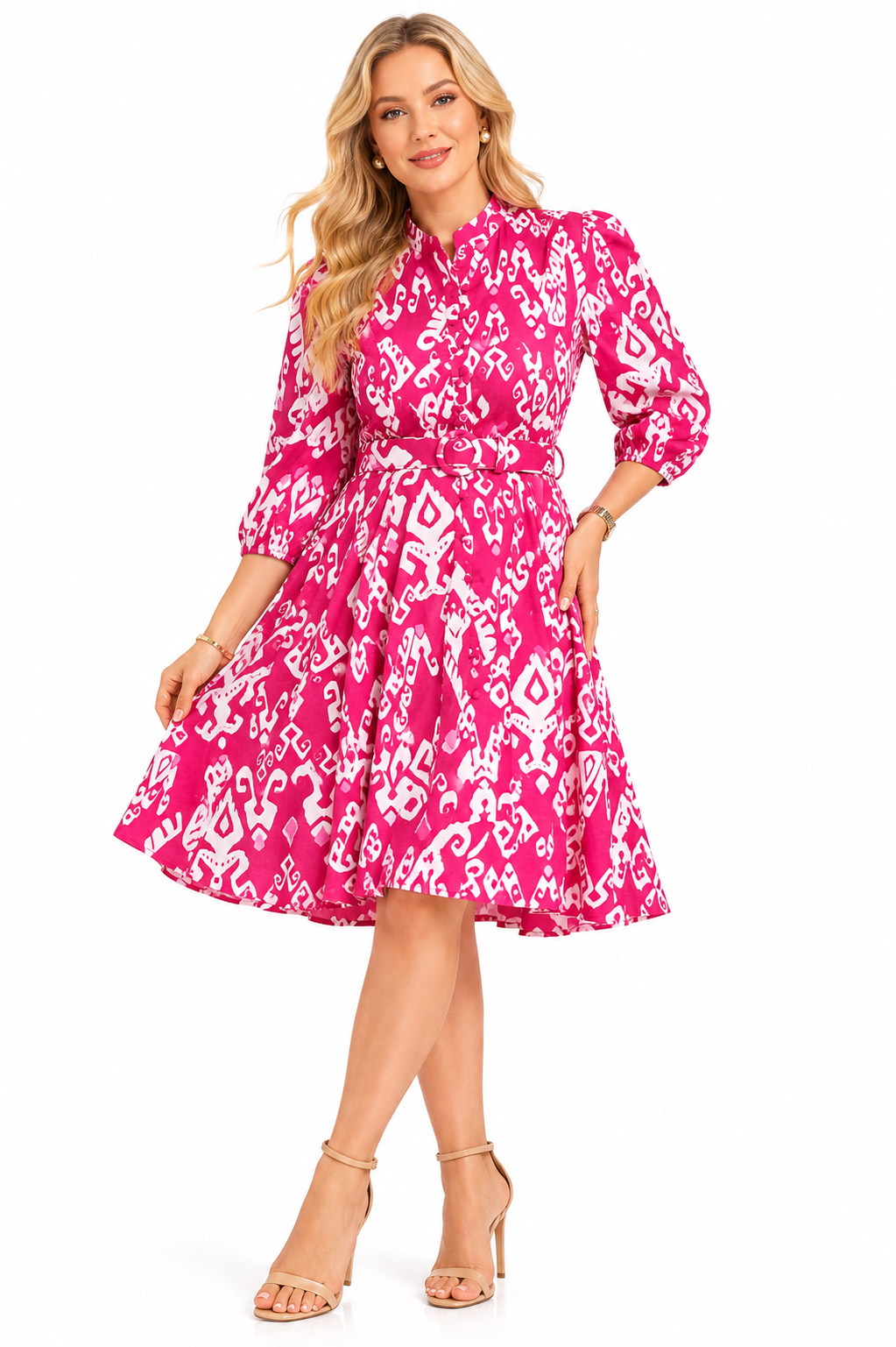Mad Love Women’s Green Printed Midi Dress | High Neck Belted A-Line Dress with 3/4 Puff Sleeves | Stylish Casual Western Dress for Women