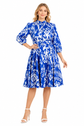 Mad Love Women’s Green Printed Midi Dress | High Neck Belted A-Line Dress with 3/4 Puff Sleeves | Stylish Casual Western Dress for Women