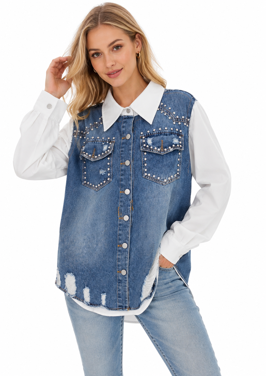 Pearl embellished distressed denim vest front view with white shirt underneath