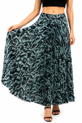 Model wearing a white pleated maxi skirt with blue and teal floral print and elasticated waistband
