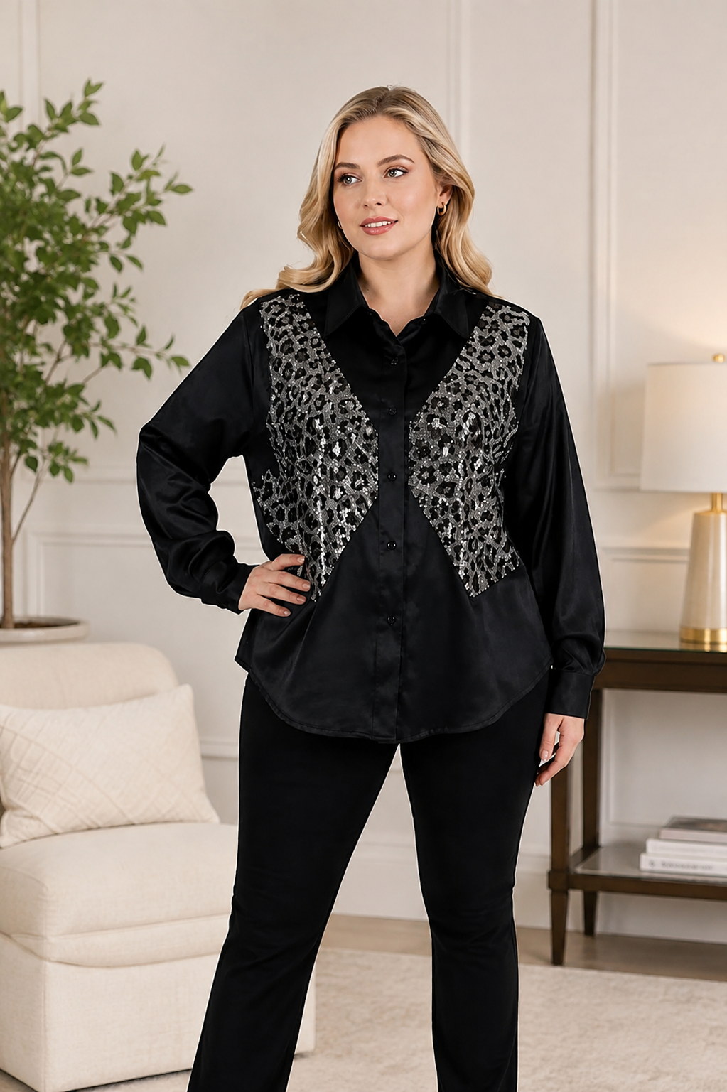Mad Love Women's Black Satin Sequin Leopard Shirt