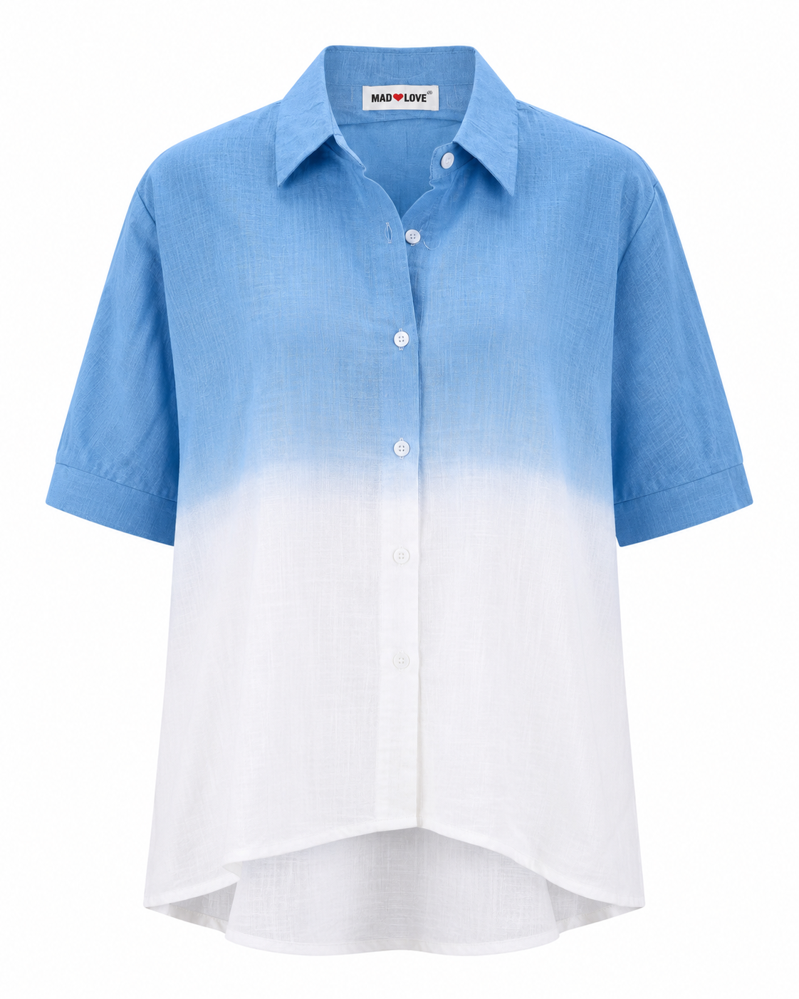 Mad Love Women’s Blue & White Ombre Cotton Linen Shirt | Casual Loose Fit Button Down Collared Half Sleeve Summer Top | Stylish Korean Fashion Oversized Western Wear Shirt for Women